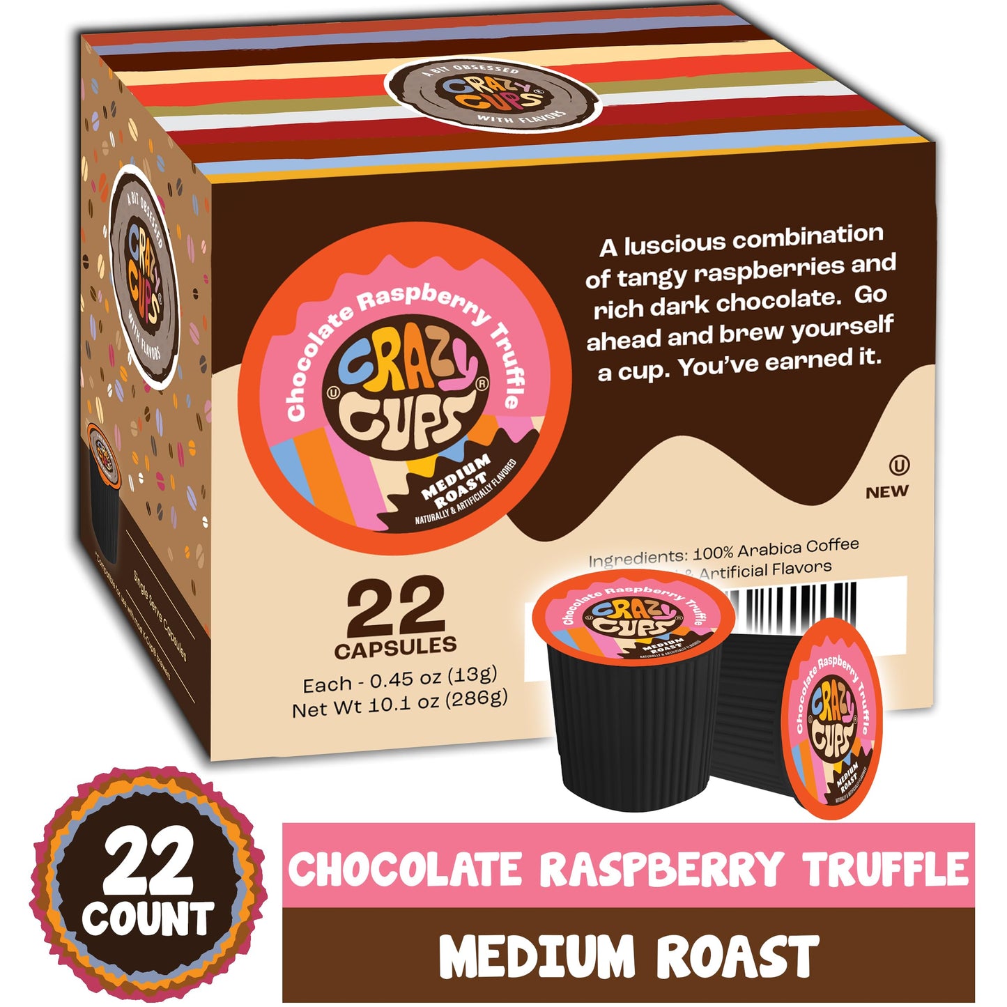 Crazy Cups Flavored Coffee For Keurig K-Cup Machines, Chocolate Raspberry Truffle, Hot Or Iced Drinks, 22 Count Single Serve, Recyclable Pods(Pack Of 1)