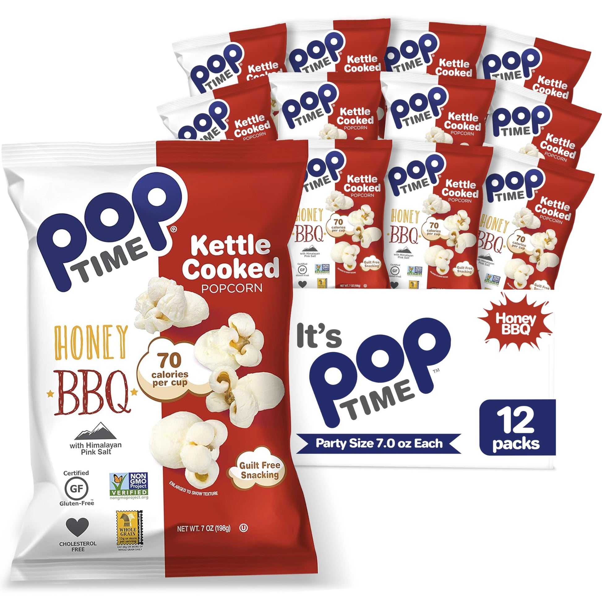 Poptime Kettle Cooked Popcorn - Honey BBQ, 7oz Bags (Pack of 12), Non-GMO, Gluten Free, Dairy Free, Kosher, Whole Grain, Low Cho