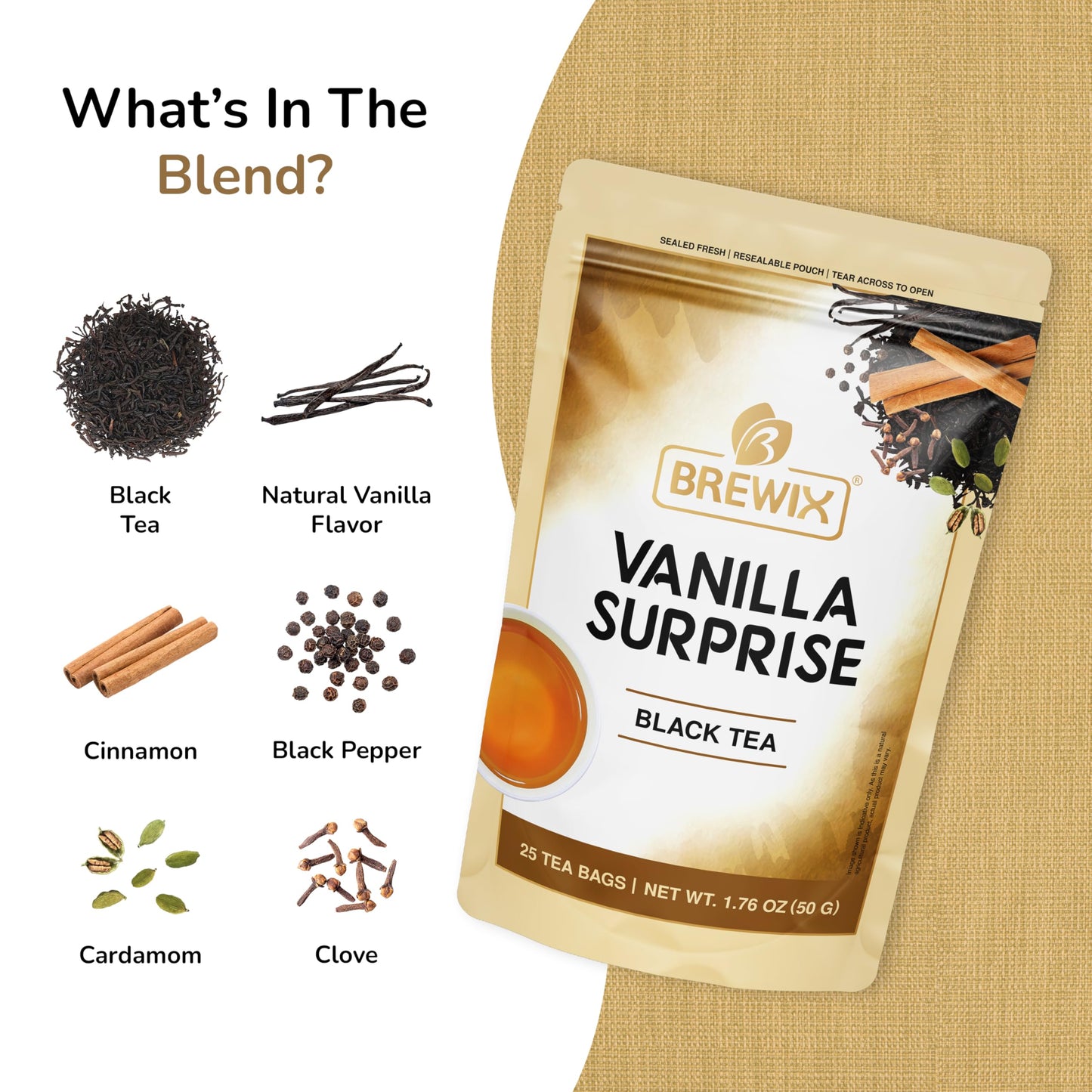 BREWIX Vanilla Spiced Chai Tea - High Caffeine, Gluten Free, 25 Pyramid Tea Bags