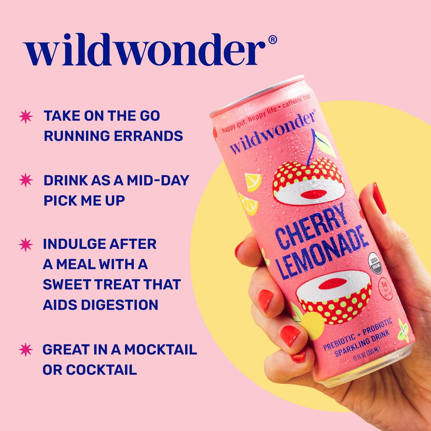 NEW! wildwonder Sparkling Probiotic Drink 12pk  For Gut Health & Immune Support  Cherry Lemonade  5g Prebiotic Fiber  Live Probiotics  Organic  Vegan  Low Sugar  12 Pack  12oz Can  Seen on Shark Tank