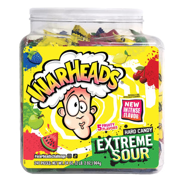 Warheads - Extreme Sour Hard Candy - Sour Apple, Black Cherry, Blue Raspberry, Lemon & Watermelon Flavors - 34 Oz. Tub With 240