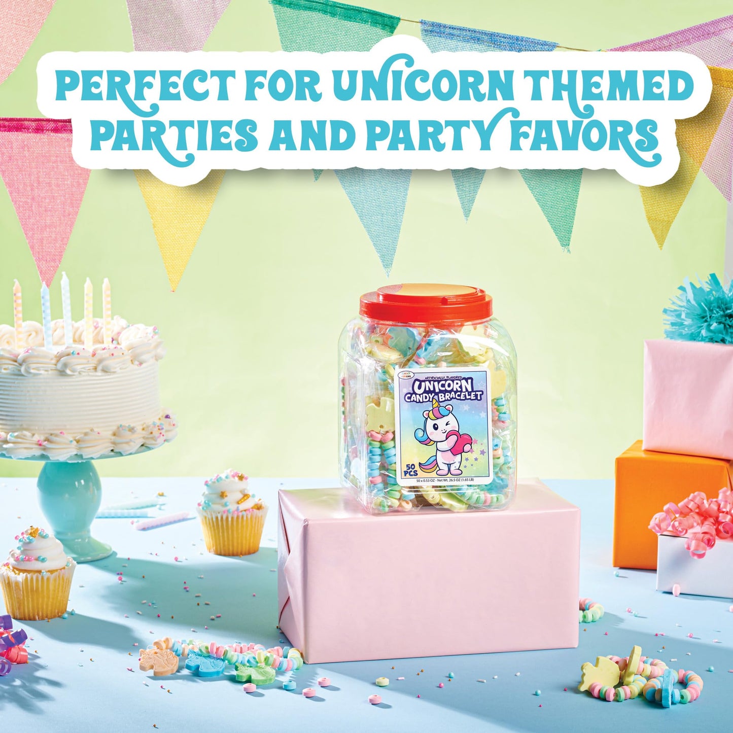 50 Unicorn Candy Bracelets, Individually Wrapped Jewelry for your Unicorn Themed Party, Bulk Candy Perfect for Goody Bags, Party