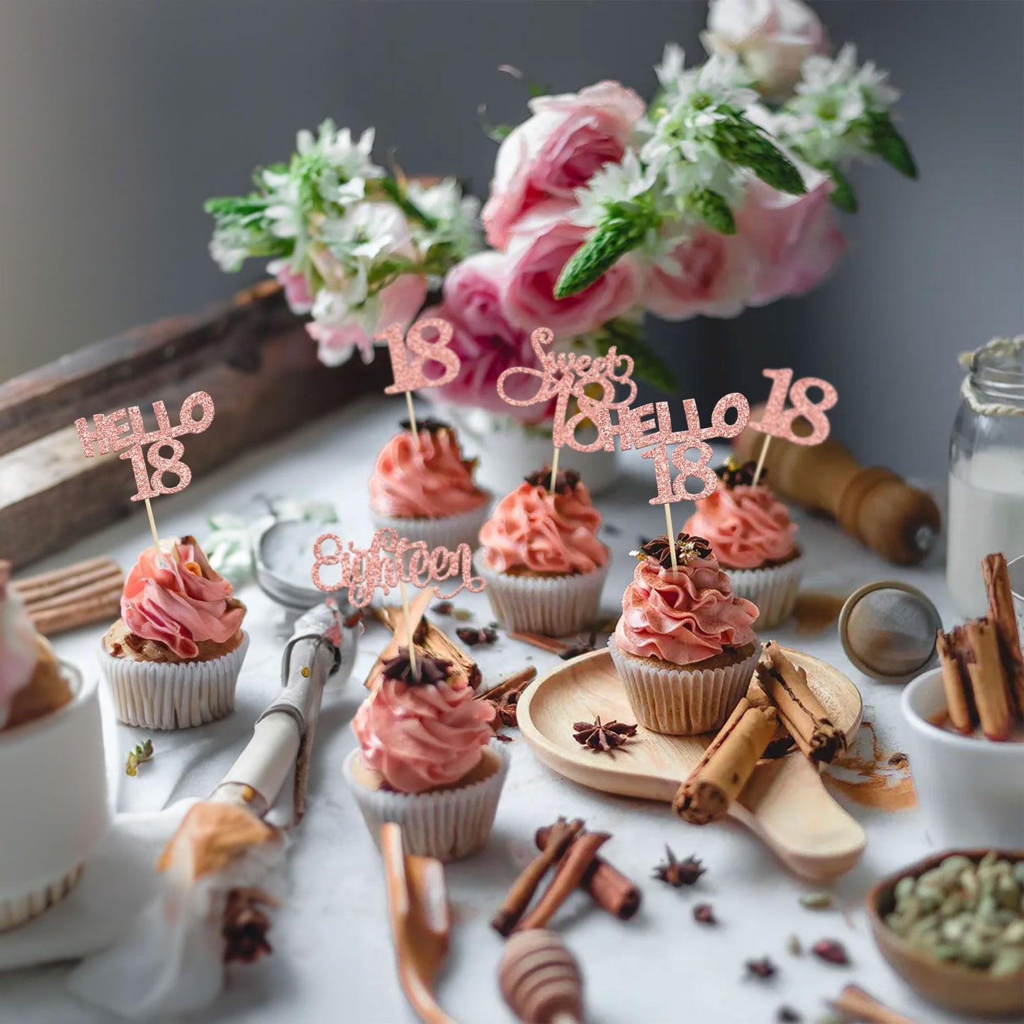 Gyufise 24Pack Glitter 18Th Birthday Cupcake Toppers Sweet 18 Hello 18 Eighteen Cupcake Picks For 18Th Birthday Cake Decorations