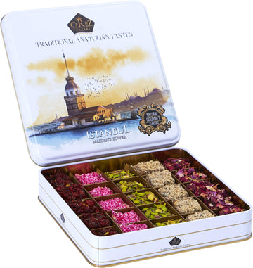 Cerez Pazari Turkish Delight With Mix Of 4 Flavours And Pistachio, Hazelnut And Walnut Assorted Gourmet Lokum (Loukoumi) In Eleg