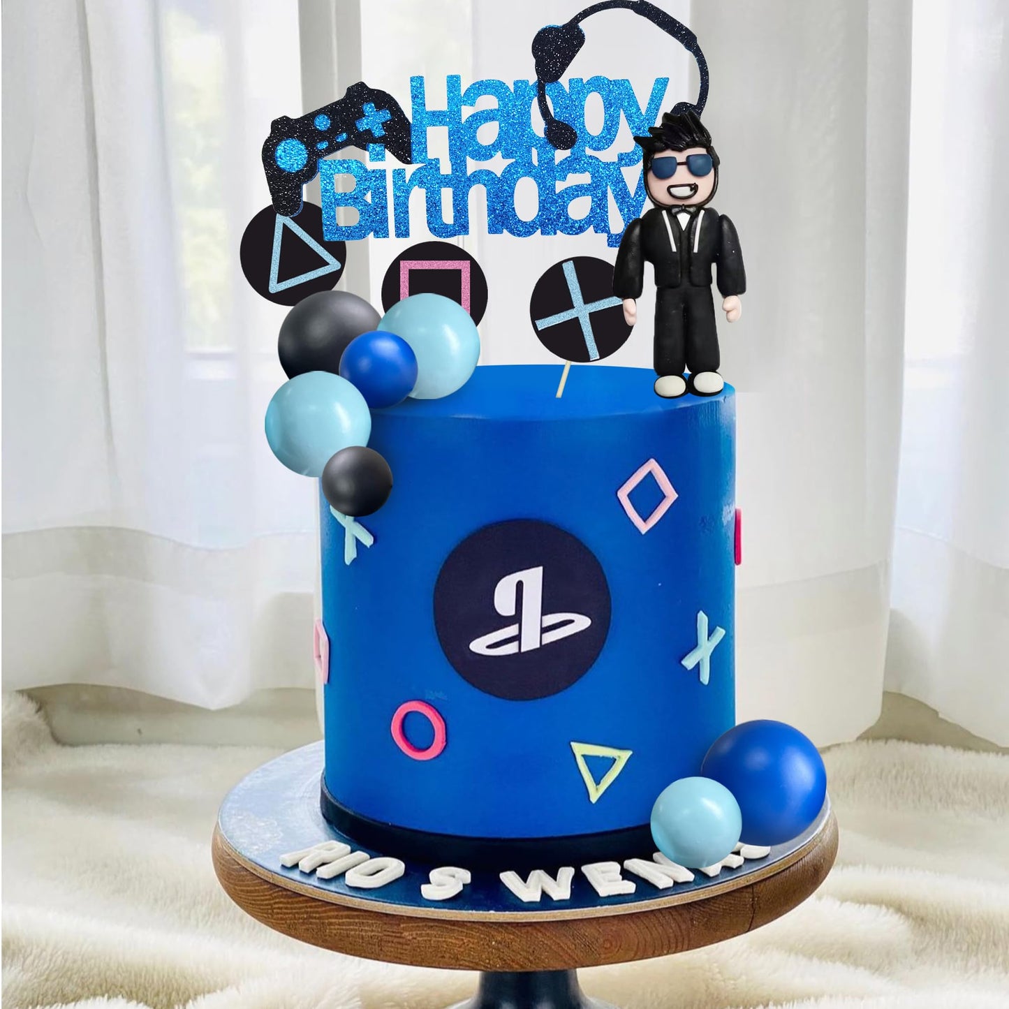 Video Game Cake Toppers Gamer Cake Decoration Game Controller Blue Black Ball Cake Toppers For Game Theme Party Man Boy Birthday