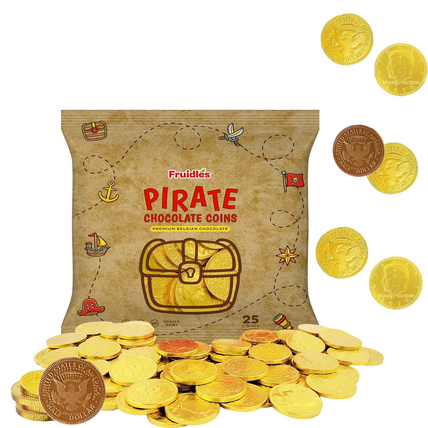 Fruidles Pirate Belgian Milk Chocolate Coins, Kosher Certified, Non-GMO, Pack of 25