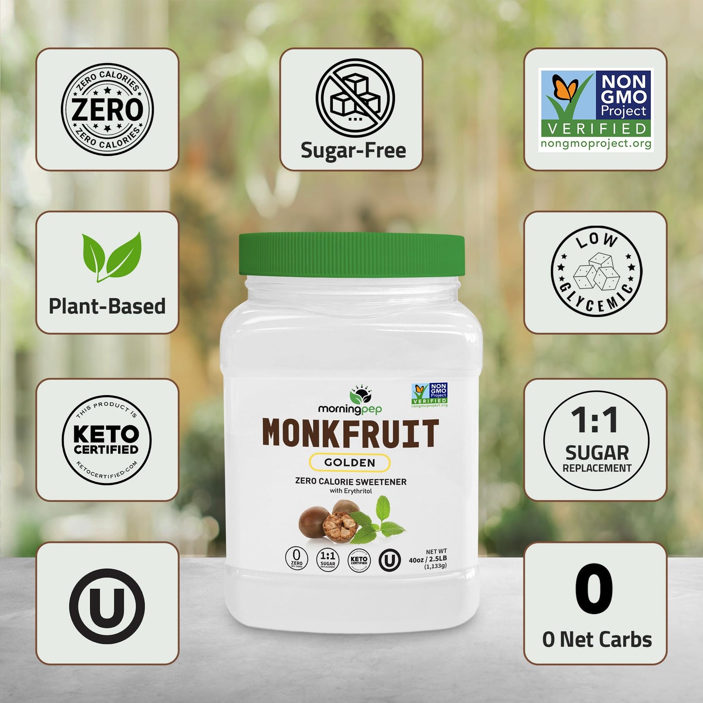 Morning Pep Monk Fruit Sweetener, golden Sugar Substitute, 2.5 lb, Keto Friendly, 1:1 Sugar Replacement, Zero Calorie, Non-GMO,