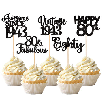 30Pcs Happy 80Th Birthday Cupcake Toppers Glitter Awesome Since 1943 Eighty 80 Fabulous Vintage 1943 Cupcake Picks For 80Th Birt
