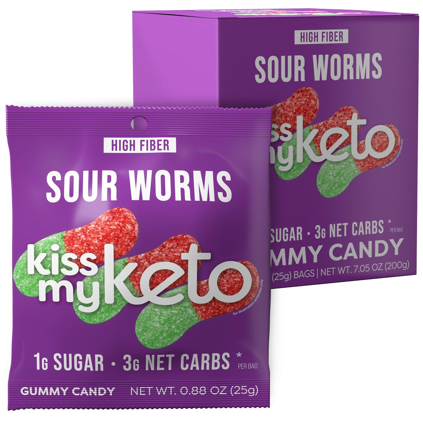 Kiss My Keto Sour Gummy Worms – Low Carb, 1g Sugar, High Fiber – Pack of 8