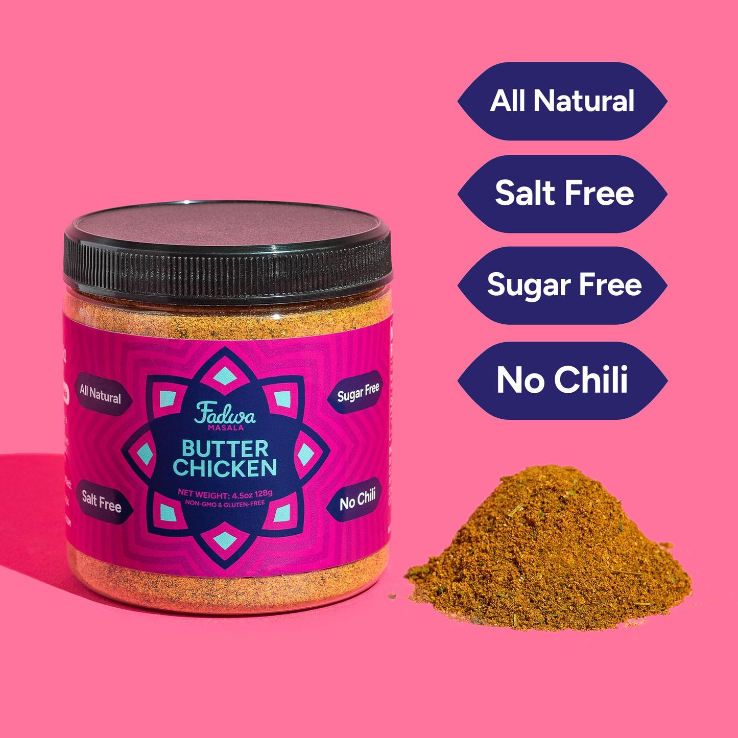 Fadwa Masala Butter Chicken Spice Mix - 4.5 oz Jar  Salt & Sugar Free  Non-Spicy Authentic Desi Spices for Pakistani & Indian Cooking  Curry  Garam Masala - No Artificial Ingredients - Gluten Free