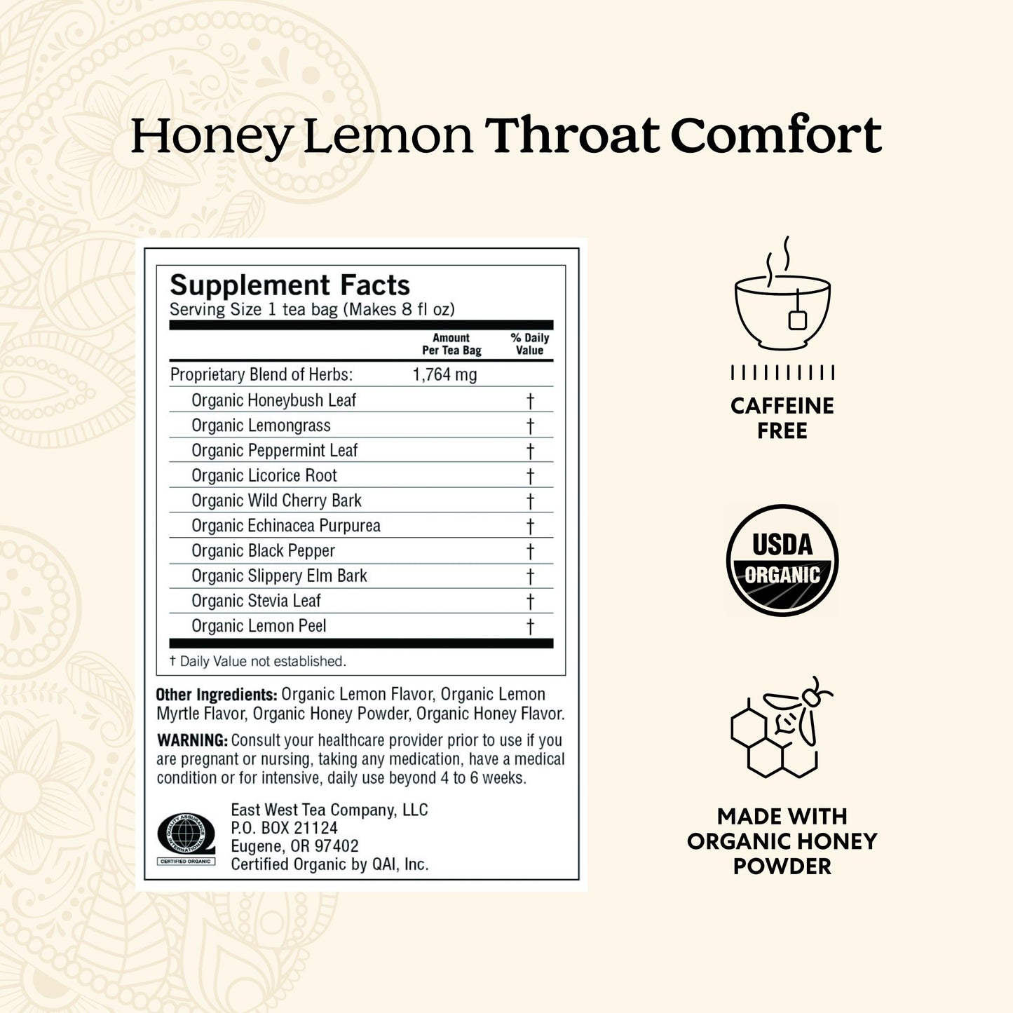 Yogi Tea Honey Lemon Throat Comfort, Caffeine Free, 64 Organic Herbal Tea Bags, 16 Count (Pack of 4)