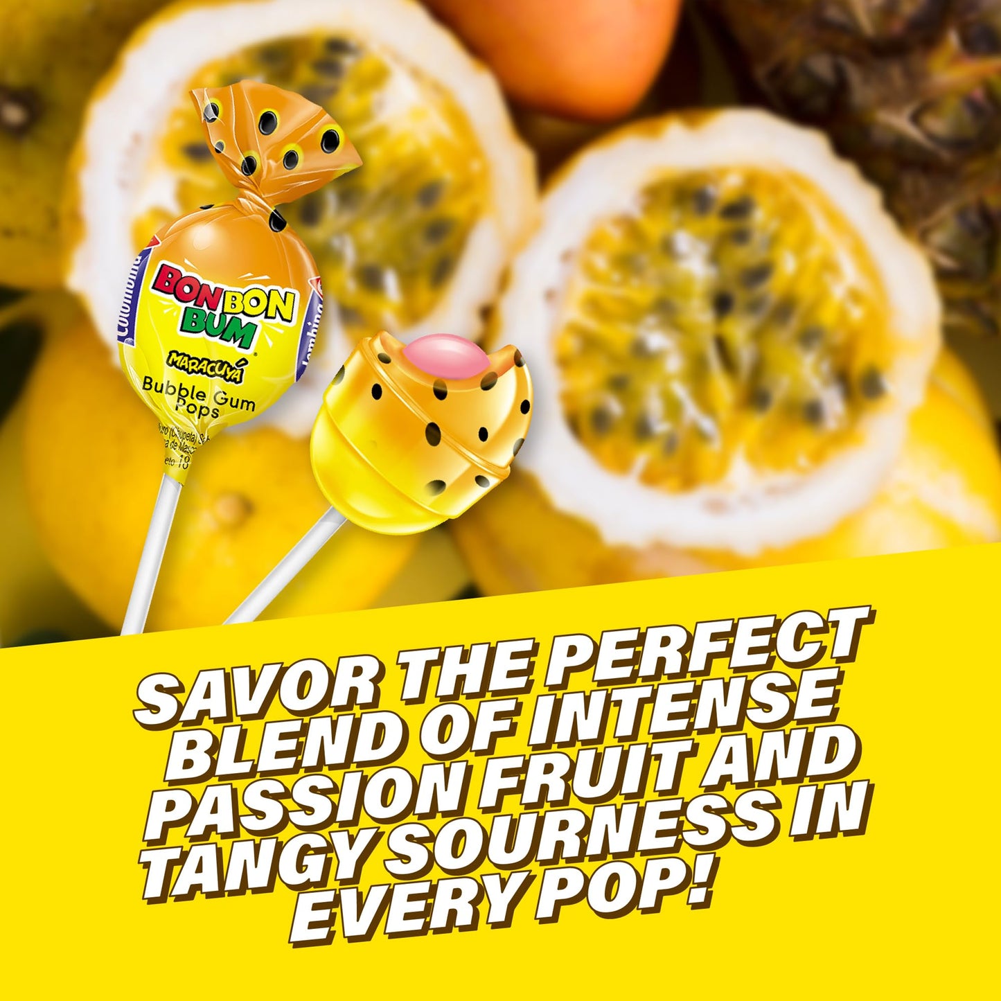 Colombina Bon Bon Bum Lollipops Tropical Passion Fruit Flavor, 24 Count (Pack of 2)