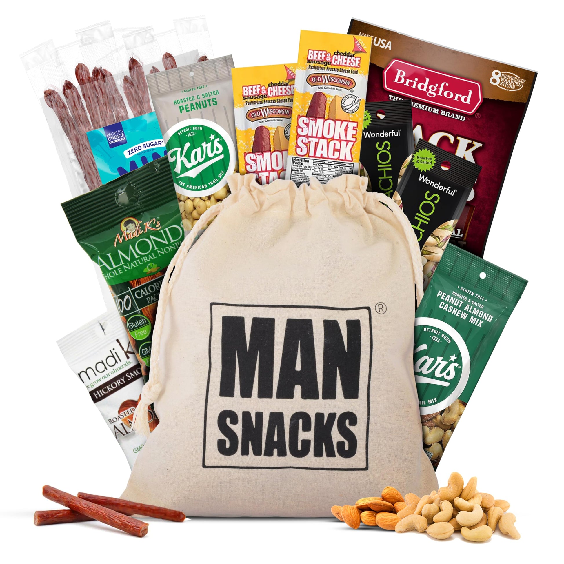 Mansnacks Deluxe Jerky & Nuts Gift Basket For Men - 28 Pc - Large Variety Of Beef Jerky Sticks, Pepperoni Sticks, Cheese Stick,