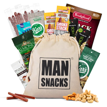 Mansnacks Deluxe Jerky & Nuts Gift Basket For Men - 28 Pc - Large Variety Of Beef Jerky Sticks, Pepperoni Sticks, Cheese Stick,