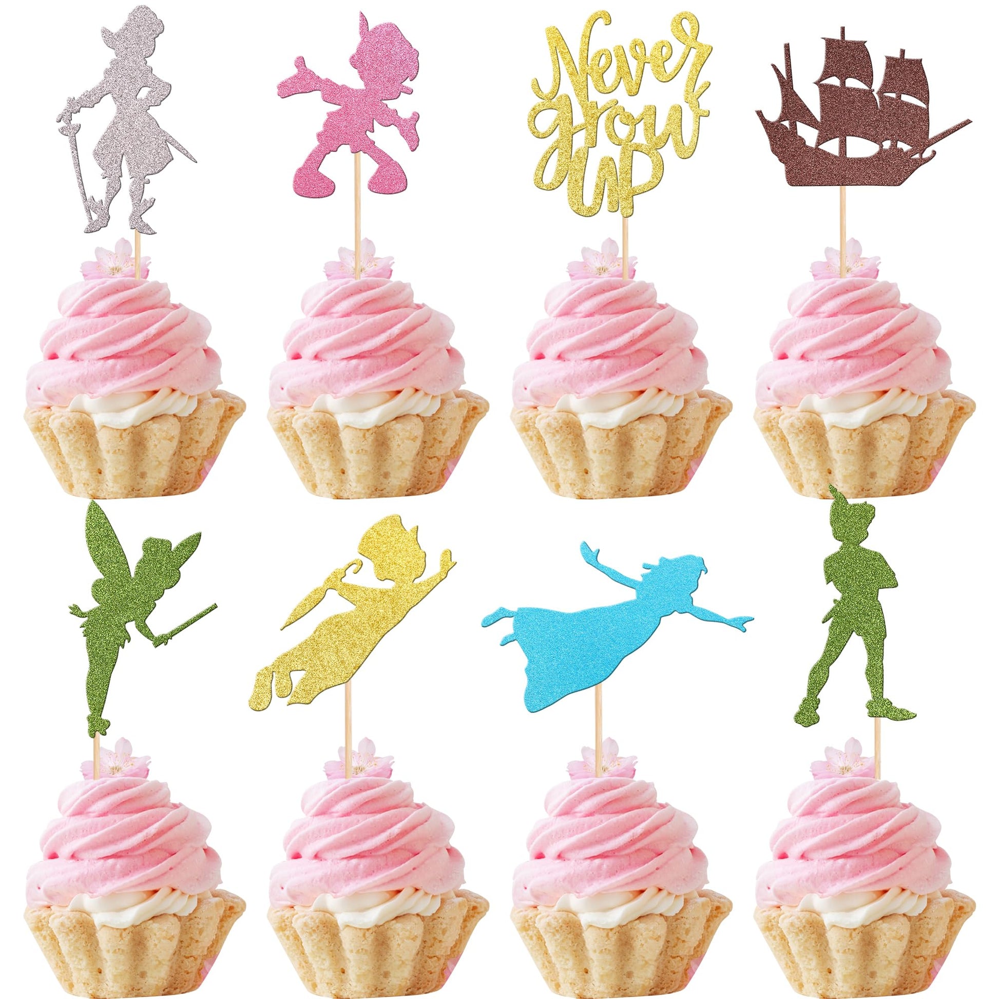 24 PCS Never Grow Up Cupcake Toppers Glitter Ship Neverland Elf Girl Cupcake Picks Night Fairy Tales Peter Pan Cupcake Decoratio