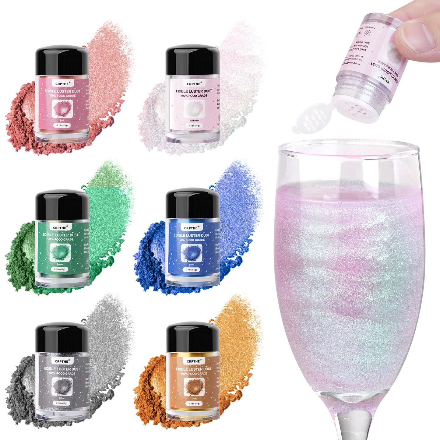 CRPTHE 6 Colors Luster Dust Edible Set, Edible Glitter for Drinks, Food Grade Glitter Shimmer Sprinkle Powder for Cocktails, Bak