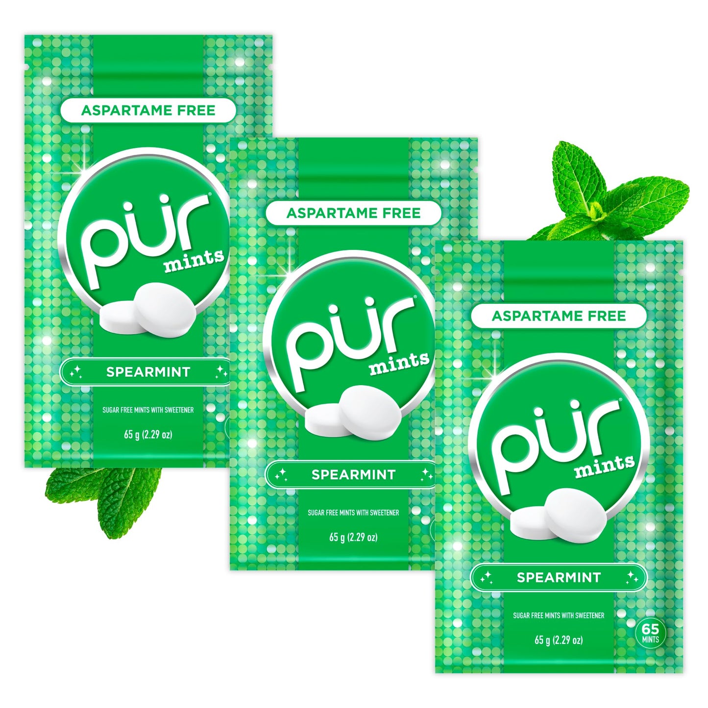 PUR Mints | Aspartame Free Breath Mints | Made with Xylitol | Sugar Free  Vegan  Gluten Free | Natural Spearmint Flavor | 65 Pieces in Re-Sealable pouch (Pack of 3)