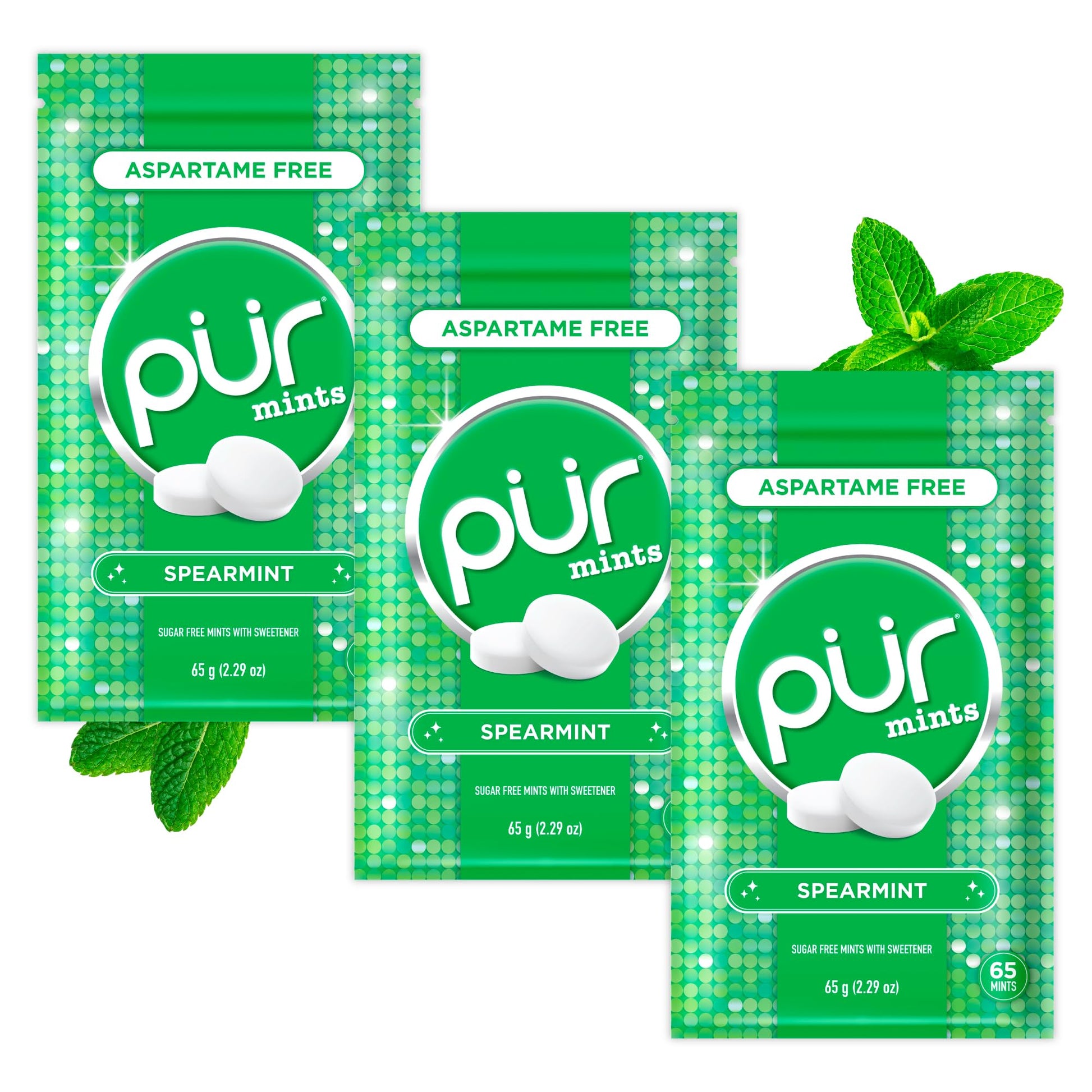 PUR Mints | Aspartame Free Breath Mints | Made with Xylitol | Sugar Free  Vegan  Gluten Free | Natural Spearmint Flavor | 65 Pieces in Re-Sealable pouch (Pack of 3)