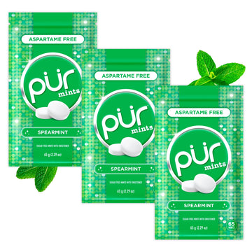 PUR Mints | Aspartame Free Breath Mints | Made with Xylitol | Sugar Free  Vegan  Gluten Free | Natural Spearmint Flavor | 65 Pieces in Re-Sealable pouch (Pack of 3)