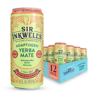 Sir Inkwells Adaptogen Yerba Mate, 150mg Organic Caffeine, 300mg Ashwagandha, Blood Orange & Mango, 16oz, 12pk