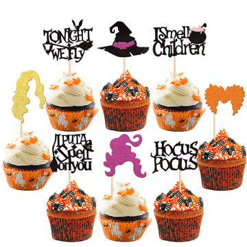 32 Pcs Hocus Pocus Cupcake Toppers Glitter Witch Hair Hat I Put A Spell On You I Smell Children Halloween Cupcake Picks For Hall