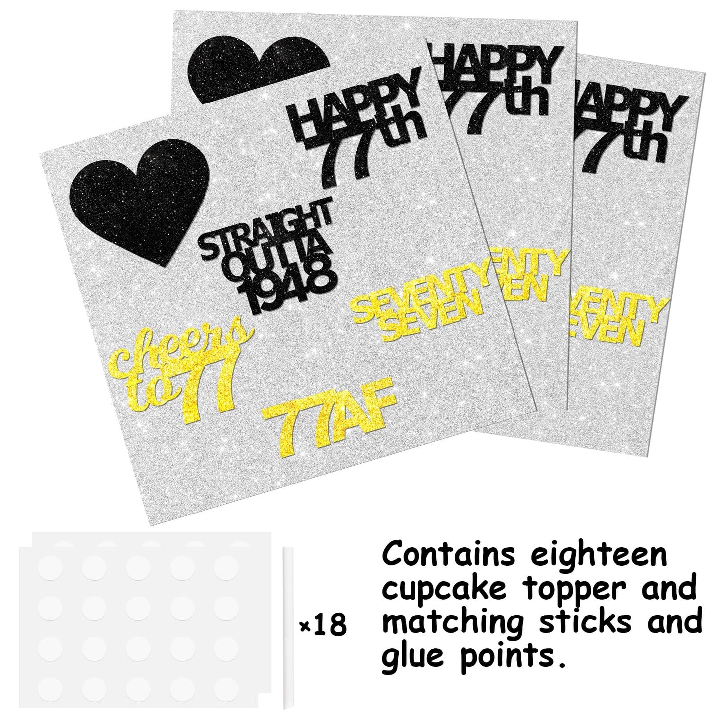 18Pcs Black Gold Glitter Dessert Cupcake Pick For Straight Outta 1948 Cheer To 77 Years Old Theme Decor Supplies Happy 77Th Birt