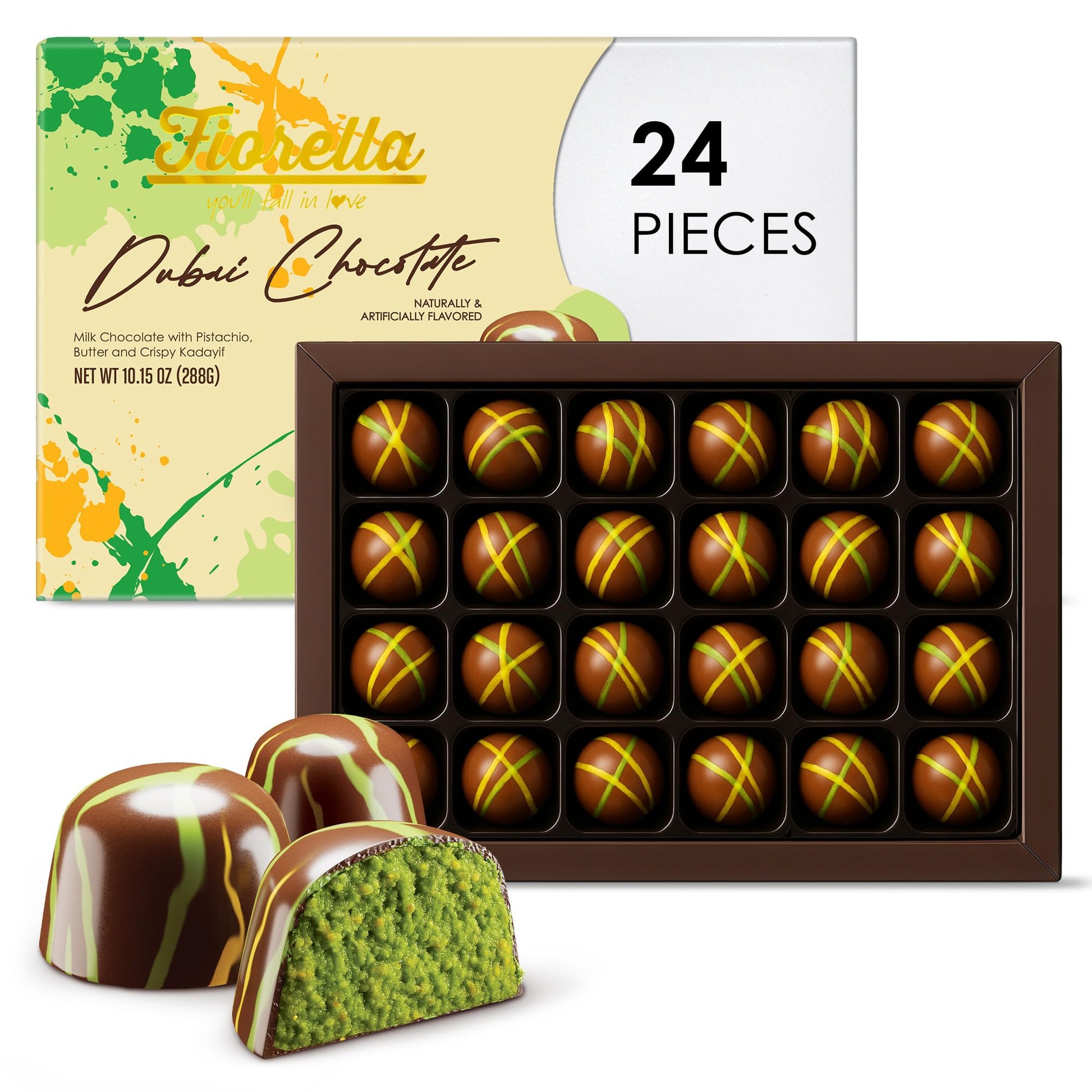 Fiorella Dubai Chocolate Truffles Gift Box, Milk Chocolate With Pistachio, Butter & Crispy Kataifi, 24-Piece Box, Christmas Chocolate Candy