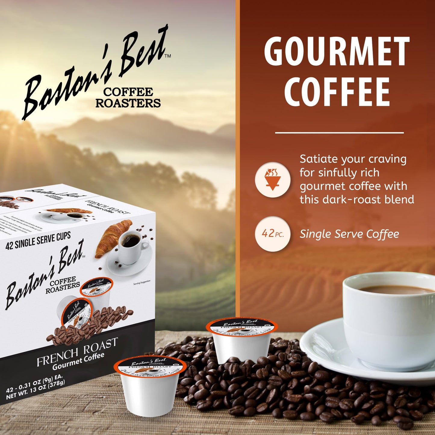Boston’S Best - Rich & Bold French Roast Gourmet Delectable Dark Roast Coffee, Compatible With Keurig Coffee Maker, 1 Count (42 Single Serve Cups)