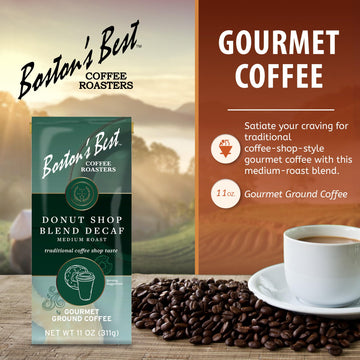Bostons Best Coffee - Hearty Medium-Roast Donut Shop Decaf Gourmet Premium Ground Coffee, 11 Oz. / 311 G Bag