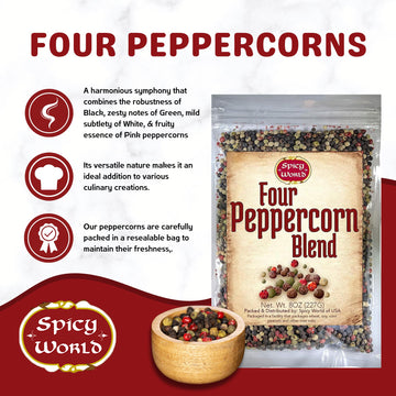 Denver Spice Four Peppercorn Rainbow Blend, Non-GMO, Whole Black, Green, White & Pink Peppercorns, 8 Oz Resealable Bag