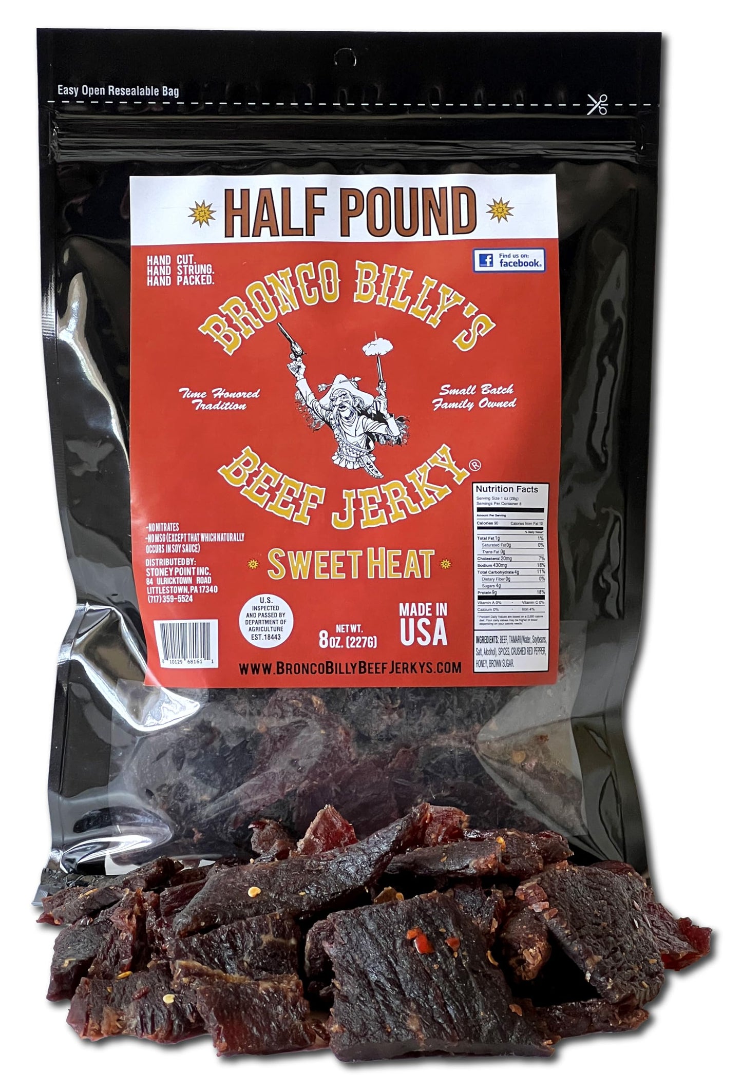 Bronco Billy's Beef Jerky Sweet Heat, Half Pound Resealable Bag, Spicy & Sweet Flavor, Hand Cut, Hand Strung, Hand Packed, Made 