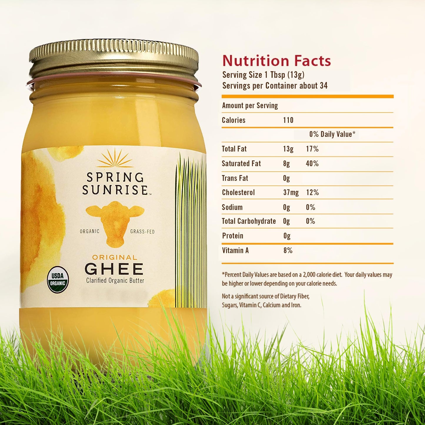 Spring Sunrise Organic Ghee - USDA Certified Clarified Butter, Keto & Paleo Friendly, 16 oz Jar