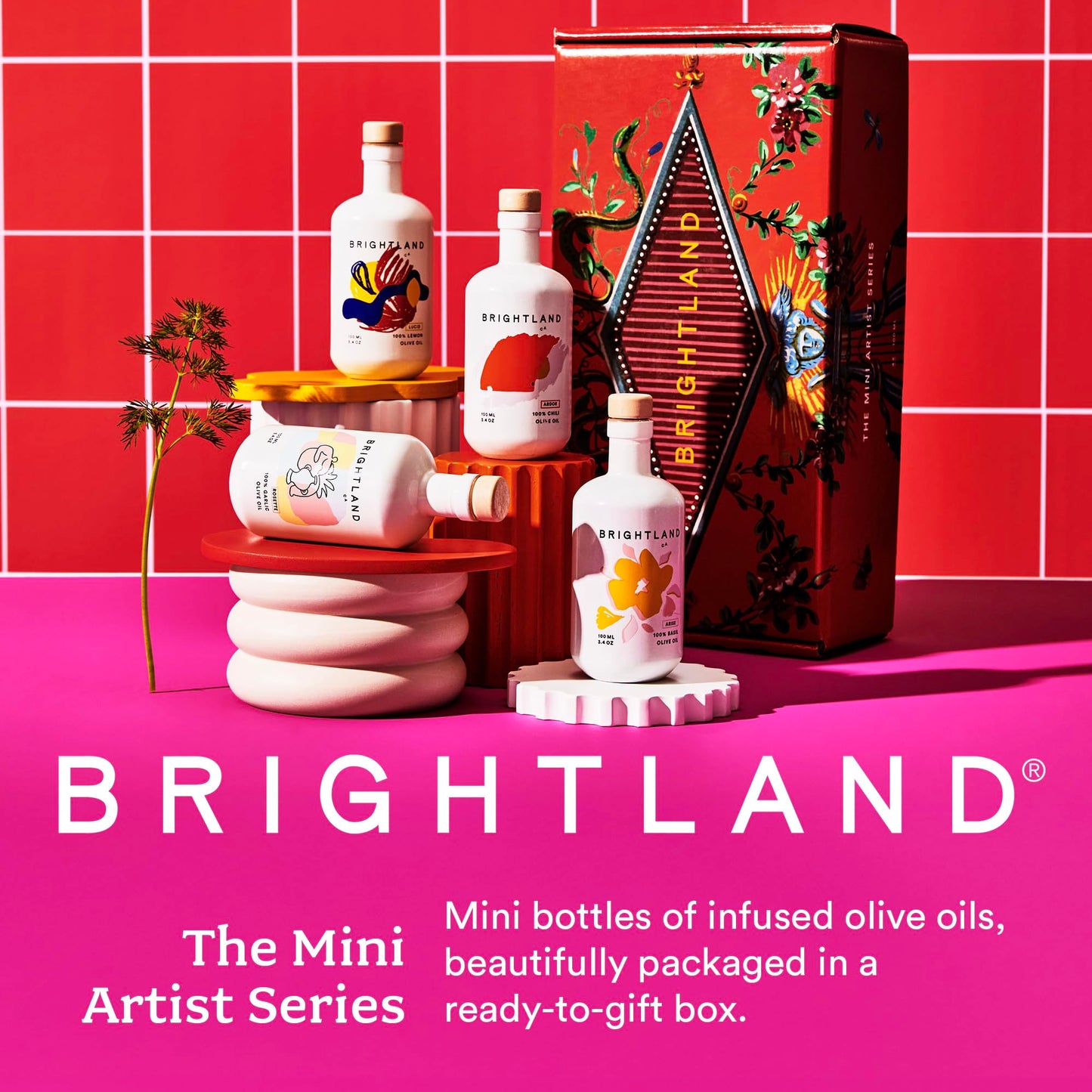 Brightland The Mini Artist Series Gift Set  4 Piece Set - Olive Oil Bundle Includes Ardor Chili  Rosette Garlic  Lucid Lemon & Arise Basill Infused Oils - 4 x 3.4 Fl Oz Bottles