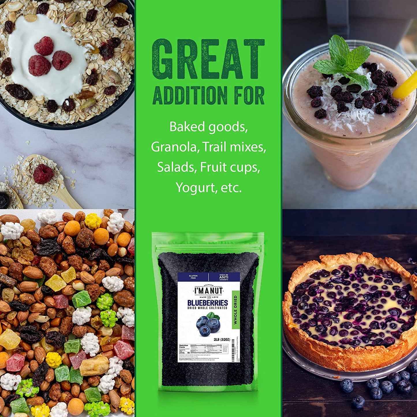 Dried Blueberries 1 lb (16 oz) - Gluten-Free & Peanut-Free  Slightly Sweetened - Great for Baking & Snacking - Berries with Benefits