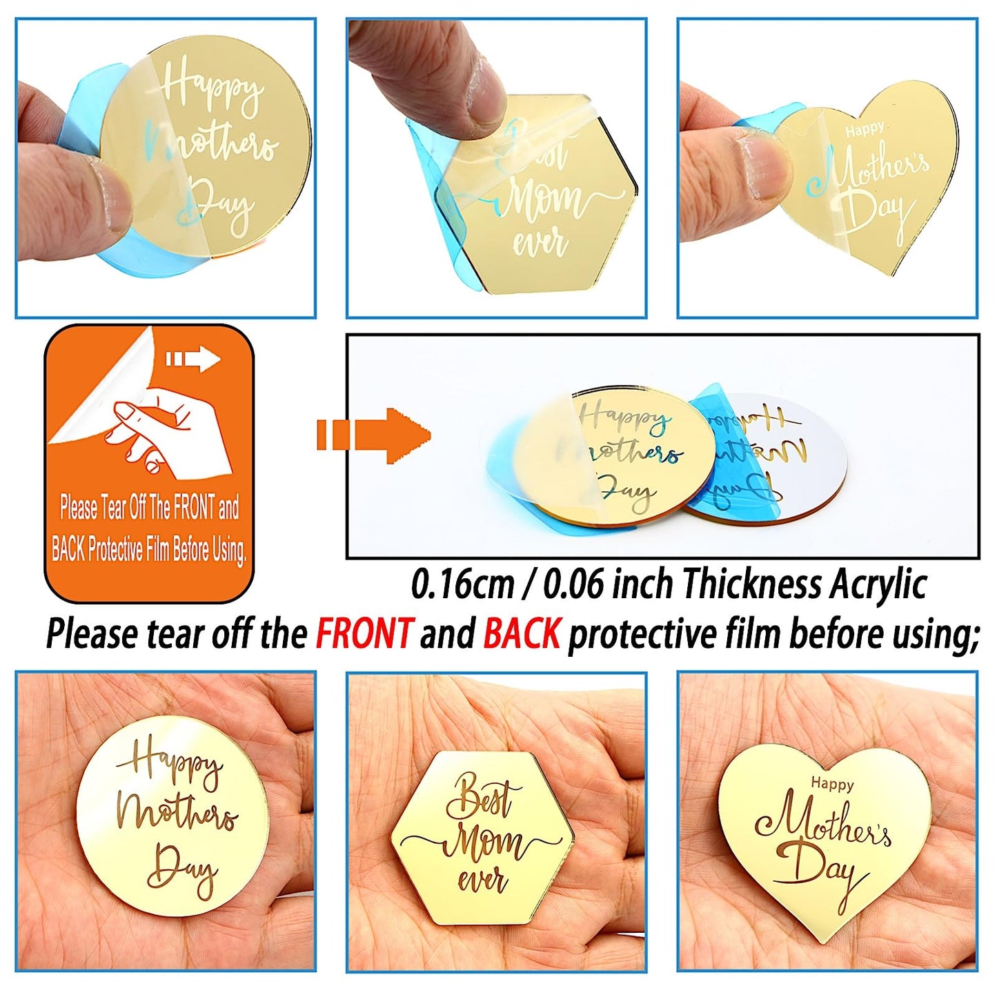 AiQi Bakes Happy Mothers Day Cupcake Toppers, 24 Pieces, Gold Mirror Acrylic, Circle Hexagon Heart Shapes, Model AQHMD-X24