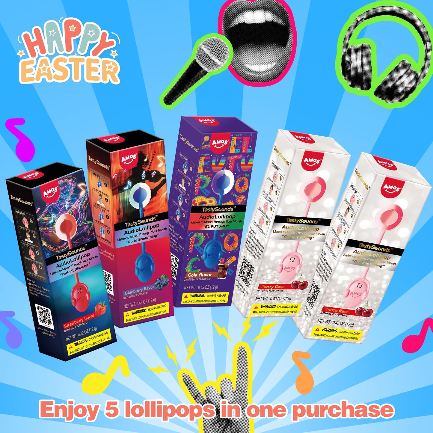 Amos Tastysounds Audio Singing Lollipop Candy - Fun Party Favor & Viral Treat For Easter, 4 Flavors (Strawberry, Blueberry, Cola