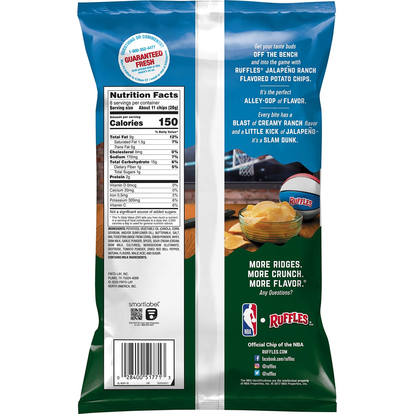 Ruffles Potato Chips, Jalapeno Ranch Flavored Snacks, 8 Oz Bag