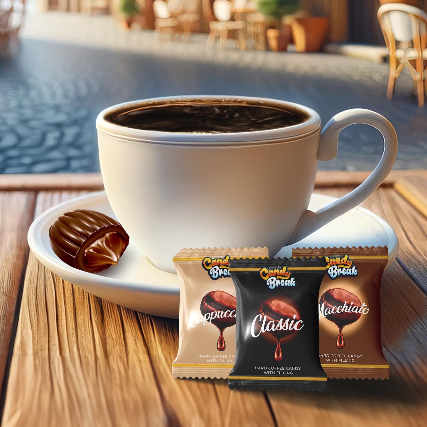 CANDY BREAK Coffee Drops - Center Filled Hard Candy, Macchiato, Espresso, Cappuccino Flavors, 24.7 Oz Bulk Bag