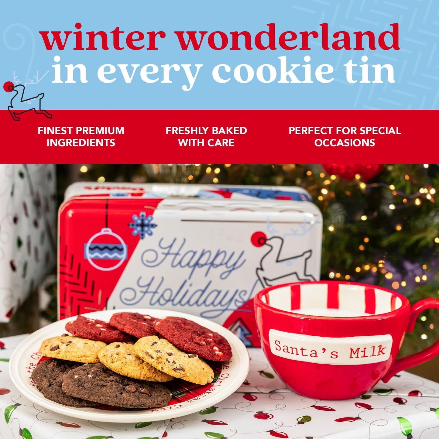 Davids Cookies Christmas Cookies Gift Box - Fresh Baked Assorted Mini Cookies in Winterwonderland Tin with Chocolate Chip, Whit