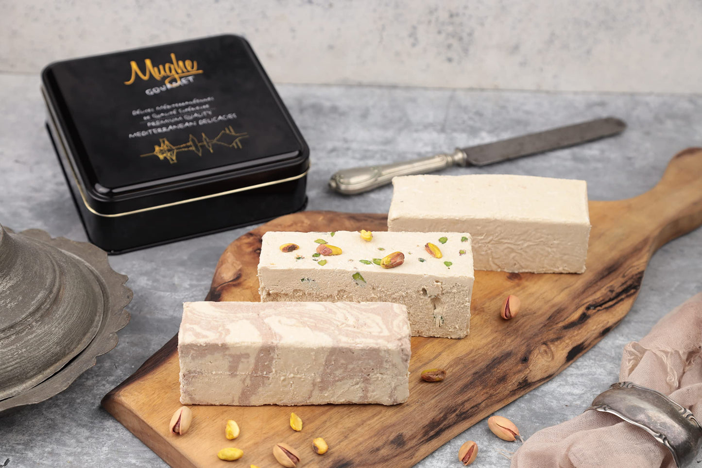 Mughe Gourmet Halvah Assortment 1.88lb (850g) Tin Gift Box - 3 Delicious Vegan Marble Tahini Halvah Bars Pistachio, Cocoa, Vanil