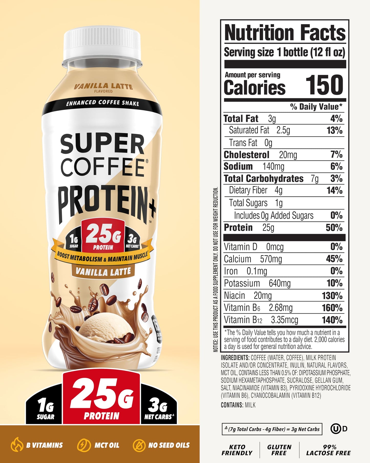 SUPER COFFEE Protein+  Keto Protein Coffee (0g Added Sugar  25g Protein  150 Calories) [Vanilla] 12 Fl Oz  12 Pack | Iced Smart Coffee Drinks