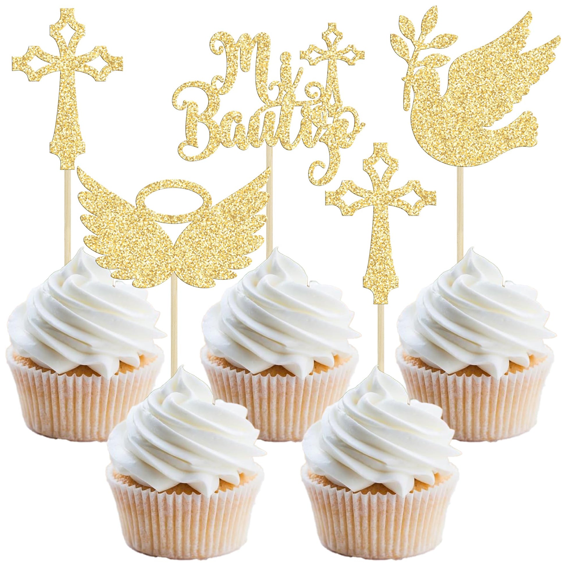 Gyufise Cupcake Toppers - 24Pcs Dove Cross Decorations for Baptism & Baby Shower - Gold Paper