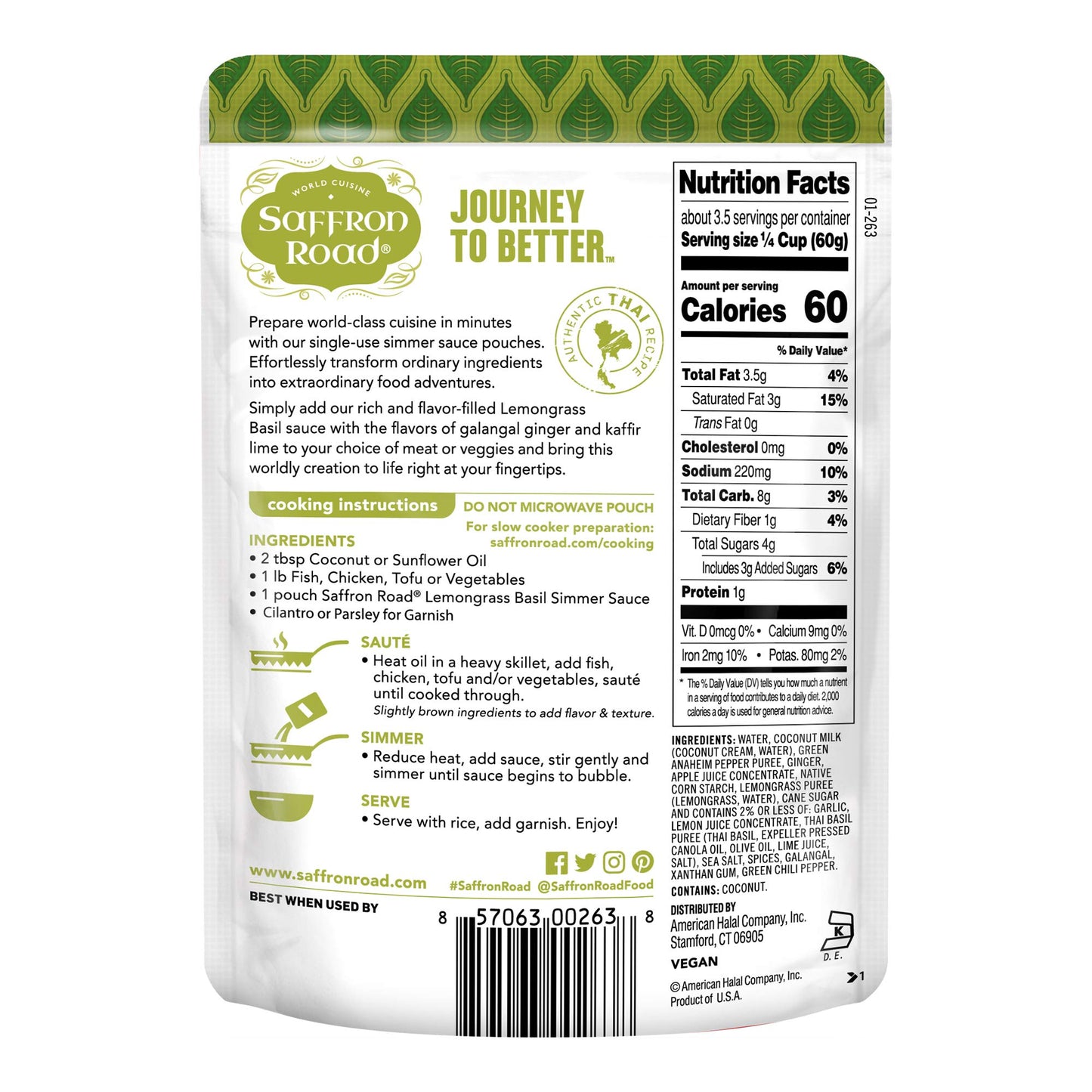 Saffron Road Lemongrass Basil Simmer Sauce – Thai Curry Sauce, Stir Fry & Marinade, No Artificial Flavors, Colors, Or Preservatives, Non-Gmo, Gluten-Free, Halal, Kosher, Vegan (7 Oz, Pack Of 4)