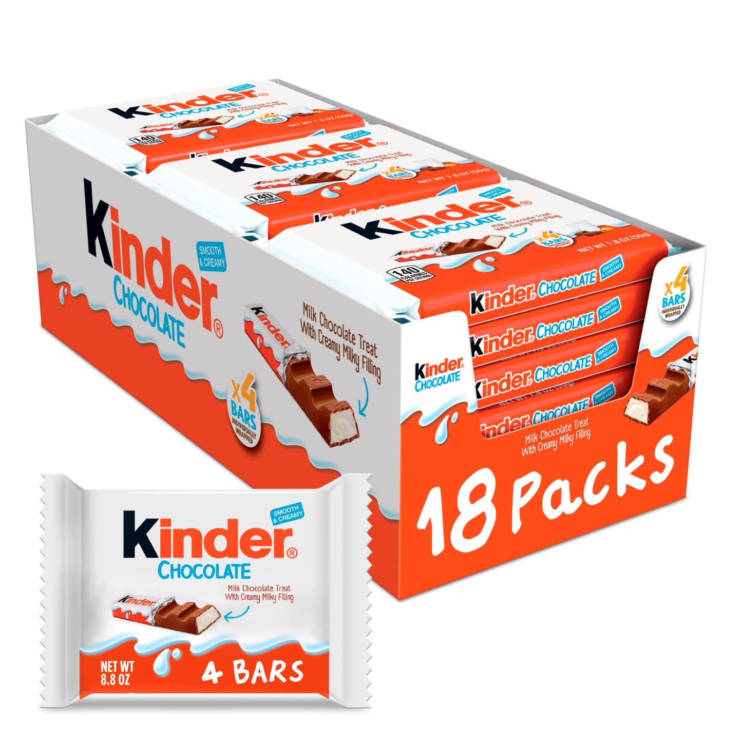 Kinder Chocolate, 18 Four Count Packs, Milk Chocolate Bar With Creamy Milky Filling, Individually Wrapped Candy, Stocking Stuffers For Kids, 1.8 Oz Each