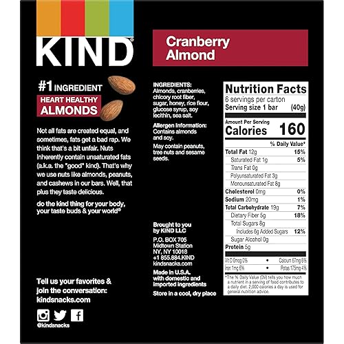 KIND Nut Bars, Cranberry Almond, Healthy Snacks, Good Source of Fiber, Gluten Free, 5g Protein, 6 Count