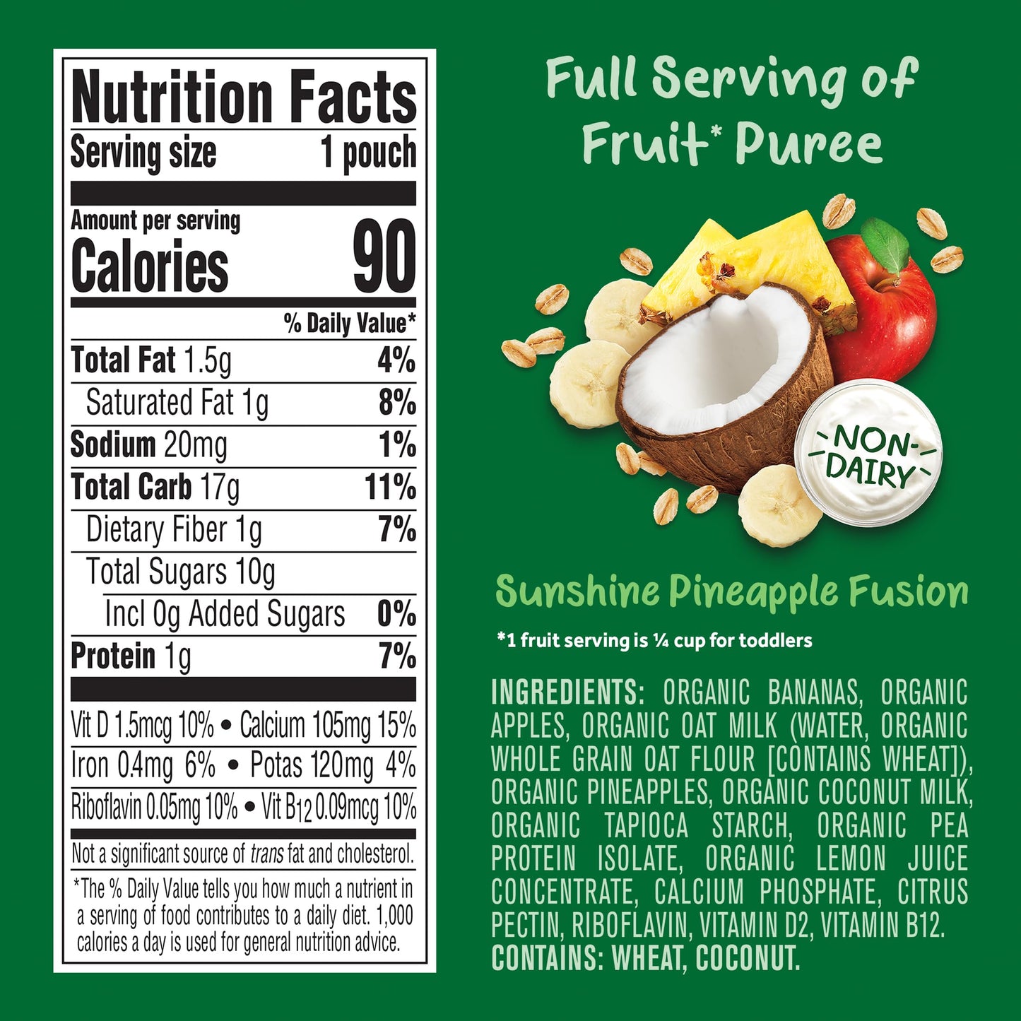 Gerber Organic Baby Food Pouches, Toddler, Plant-Tastic, Sunshine Pineapple Fusion, Fruit & Yogurt Alternative With Oat & Coconu