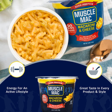MUSCLE MAC Microwavable Mac & Cheese Cups, Aged Sharp White Cheddar, 3.6 oz (Pack of 12), Vegetarian-Friendly Pea Protein