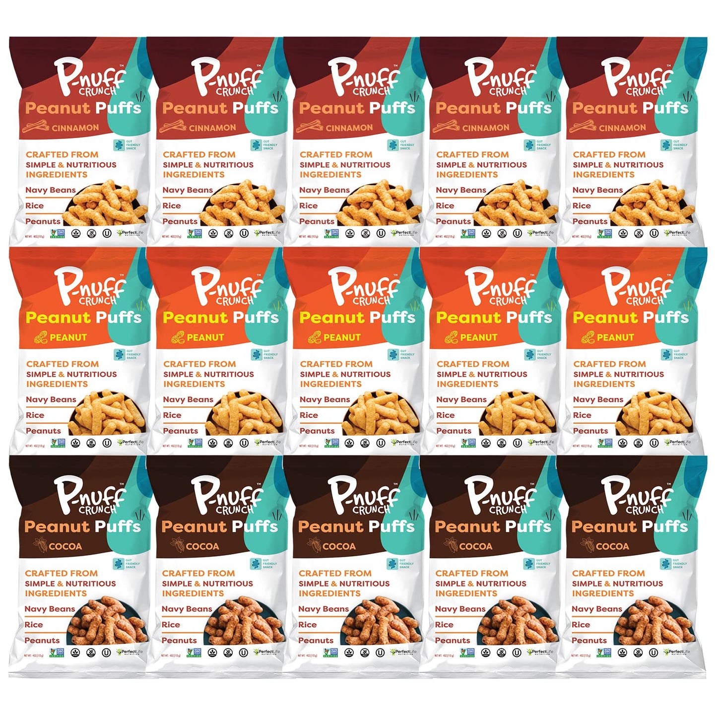 P-Nuff Crunch Peanut Puffs Variety Pack - Healthy Keto Snacks, 20g Vegan Protein, Gluten Free, 4oz Bag, 15-Pack
