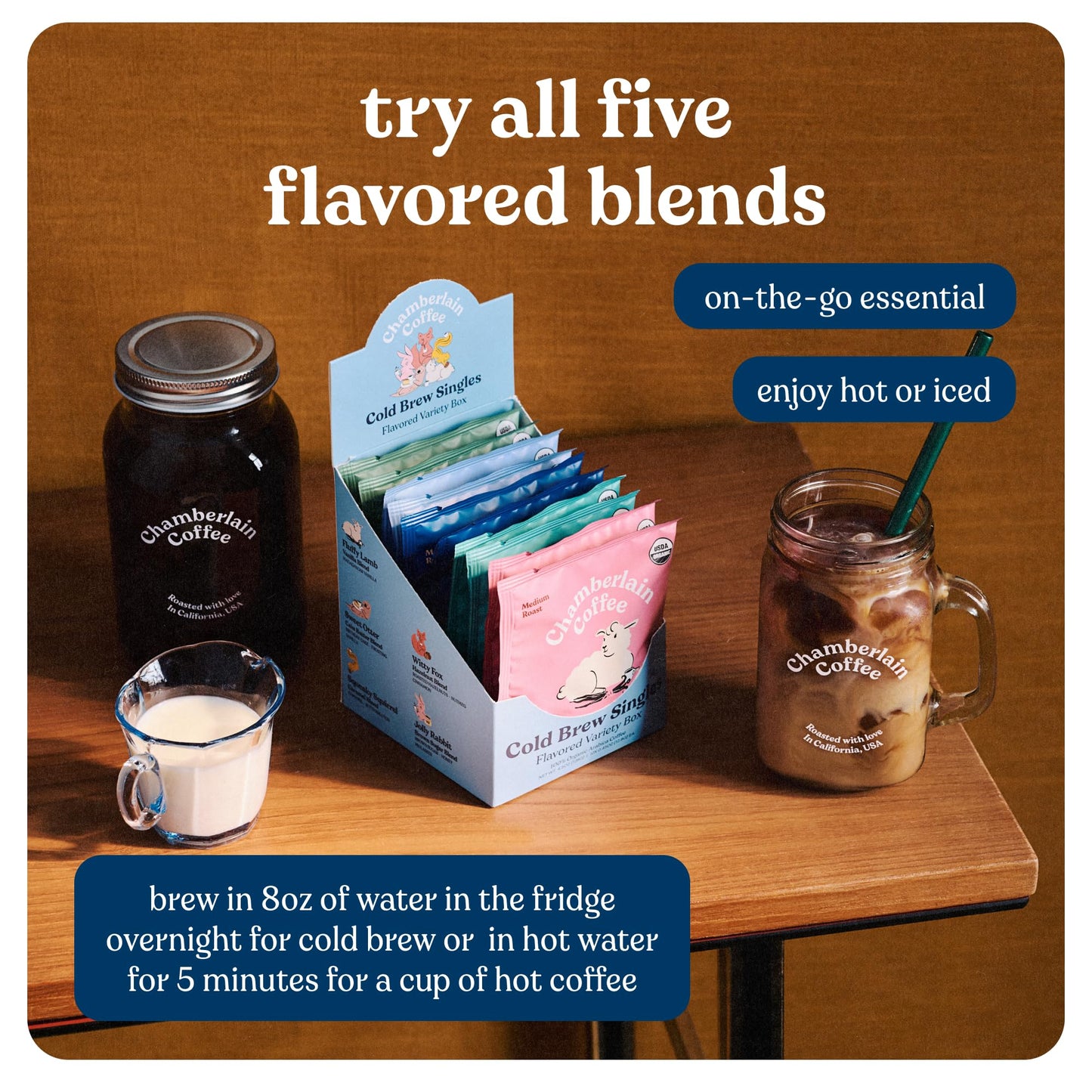 Chamberlain Coffee Flavored Cold Brew Singles Variety Pack – Cold Brew Coffee Grounds – Brew Hot Or Iced - Organic Coffee Single Serve Bags - 10 Cold Brew Sachets