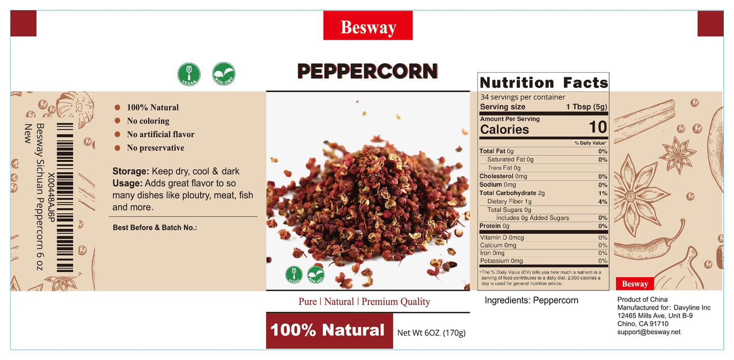 Besway Sichuan Peppercorn 6Oz(170G), Premium Sichuan Peppercorns - Fresh Aromatic Zesty Spice For Authentic Chinese Cuisine, Les
